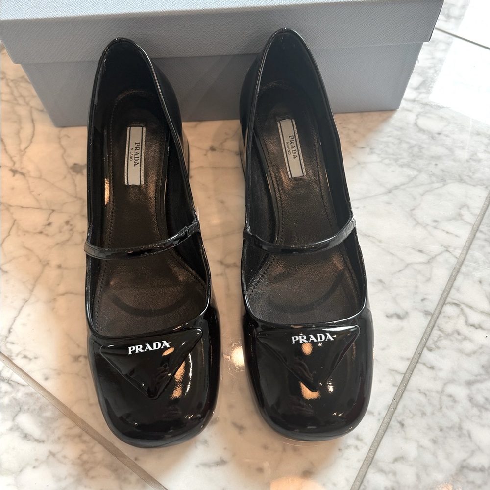 Prada Black Patent Logo Heeled Mary Jane